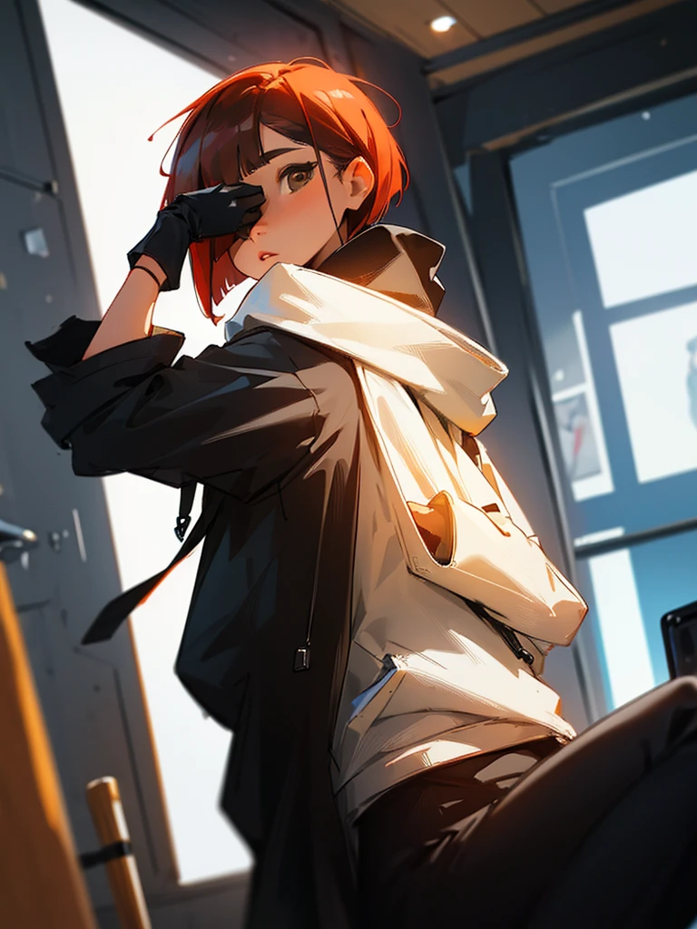 (((onli one woman))) girl with short red Bob style hair, white skin, light brown eyes, (((black gloves))), (((black hoodie))), black pants with straps [(((Girl using and looking at smartphone)))] background in room