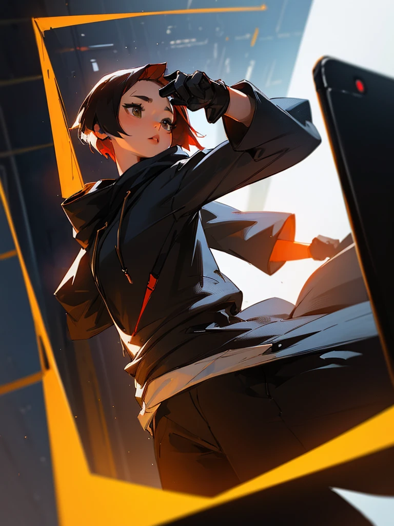(((onli one woman))) girl with short red Bob style hair, white skin, light brown eyes, (((black gloves))), (((black hoodie))), black pants with straps [(((Girl using and looking at smartphone)))] background in room