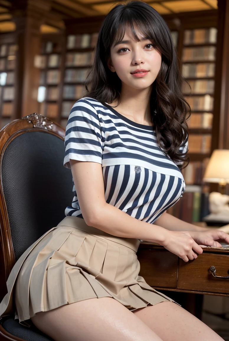 (((neat woman,dressed up,deep make up:1.8,touch own nipples over clothes:1.9,little pussy juice:1.9))),(((sitting on the desk,kind big smile:1.8,blush:1.8,deep cheek:1.8))),please touch me,eat me,tempting viewer,i want you))),(((blush,blush,deep cheek,deep cheek)))),(cinematic lighting), (Photo real:1.4)、(A hyper-realistic:1.4)、(Photorealistic:1.3)、 (gentle lighting: 1.05)、(Improve the lighting quality of your video:0.9)、 32k、25years old woman、photorealistic lighting、Back lighting、Facial Lights、Ray Trace、(bright:1.2)、(Increase quality:1.4)、 (best quality real texture skin)、Fair eyes,delicate face、 Close-up of the face, ((((Wearing the black striped t-shirts,pleated skirt,high-heel:1.4))),(Bodyline mood improvement:1.1)、Glossy skin、good figure,perfect anatomy,Beautiful actress,(((beautiful huge soft breasts:1.8,slender waist,slender hip,long slender legs,8heads tall))),(((8heads tall))),(((brown wavy midium hair,bangs))),(((sweat skin,shiny skin,in the beautiful library,super clean night view,in the night))),