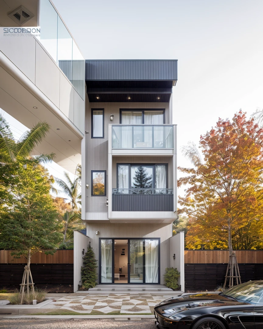 house exterior contemporary style, modernism, glass doors and windows,black metal rail, conwood ceilling, masterpiece, highquality, realistic photo, canon eos 5D mark, natural light, 