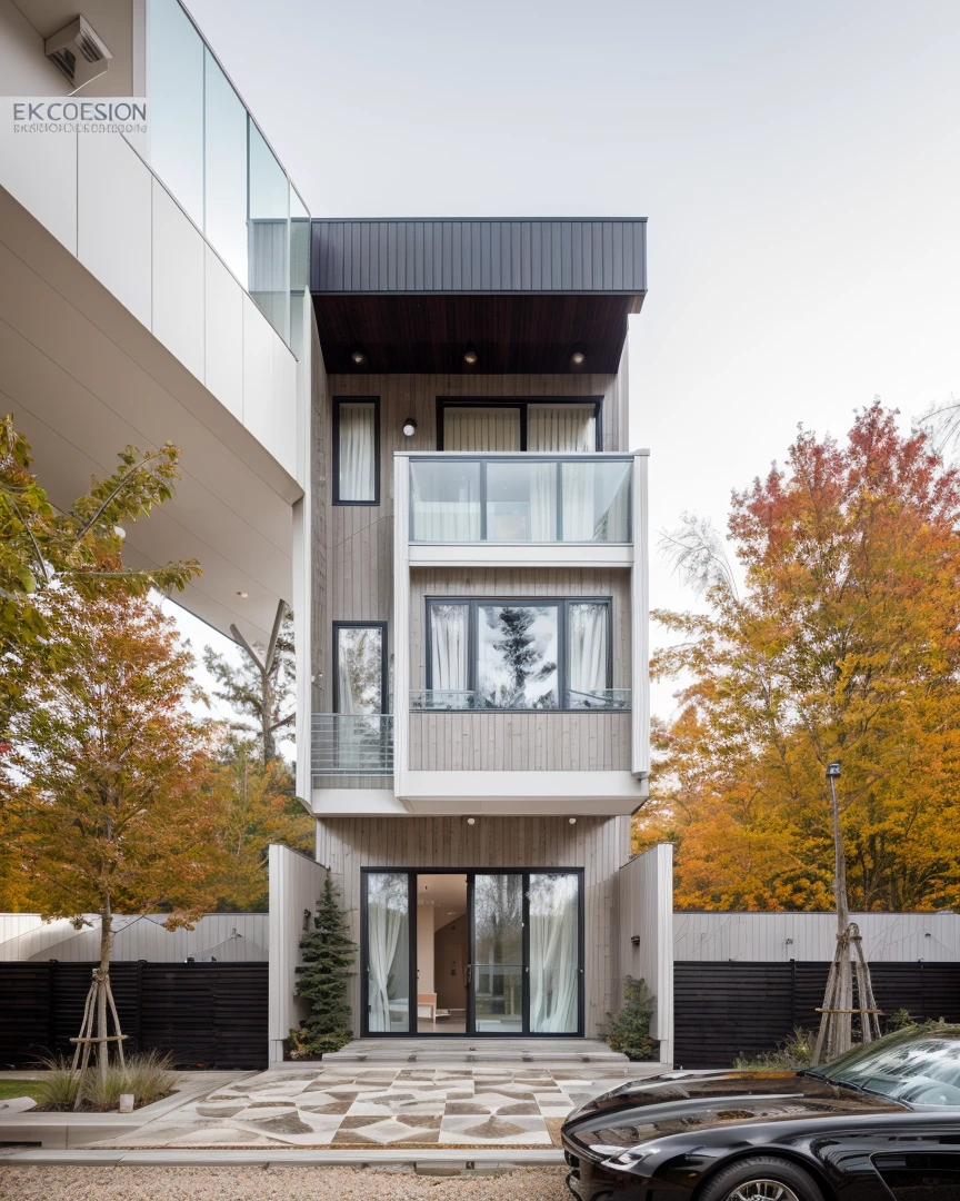 house exterior contemporary style, modernism, glass doors and windows,black metal rail, conwood ceilling, masterpiece, highquality, realistic photo, canon eos 5D mark, natural light,