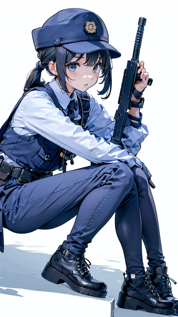 女警girl，girl，Police Uniform，紧身Police Uniform，藏青色Police Uniform，Metropolitan Police Department Helmet，Japanese Metropolitan Police Department clothing，紧身jeans，jeans，Tactical Vest，high-heel boots，boots，Police hat，Police hat，Police badge，City background，Outdoor Background，Street background，警视厅girl，Military dress style，Close-up above the waist镜头，Close-up of upper body，Close-up above the waist