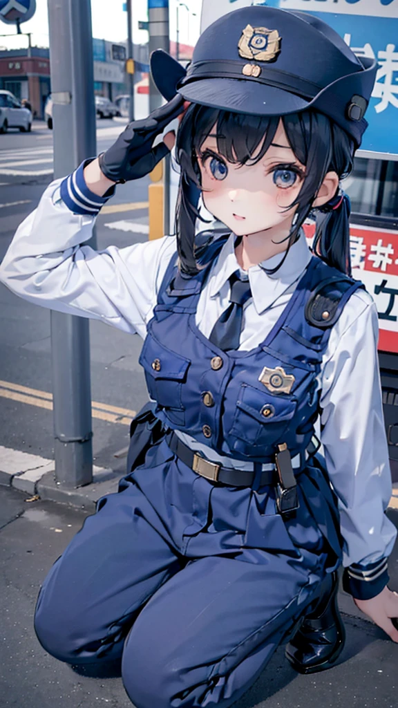 女警girl，girl，Police Uniform，紧身Police Uniform，藏青色Police Uniform，Metropolitan Police Department Helmet，Japanese Metropolitan Police Department clothing，紧身jeans，jeans，Tactical Vest，high-heel boots，boots，Police hat，Police hat，Police badge，City background，Outdoor Background，Street background，警视厅girl，Military dress style，Close-up above the waist镜头，Close-up of upper body，Close-up above the waist