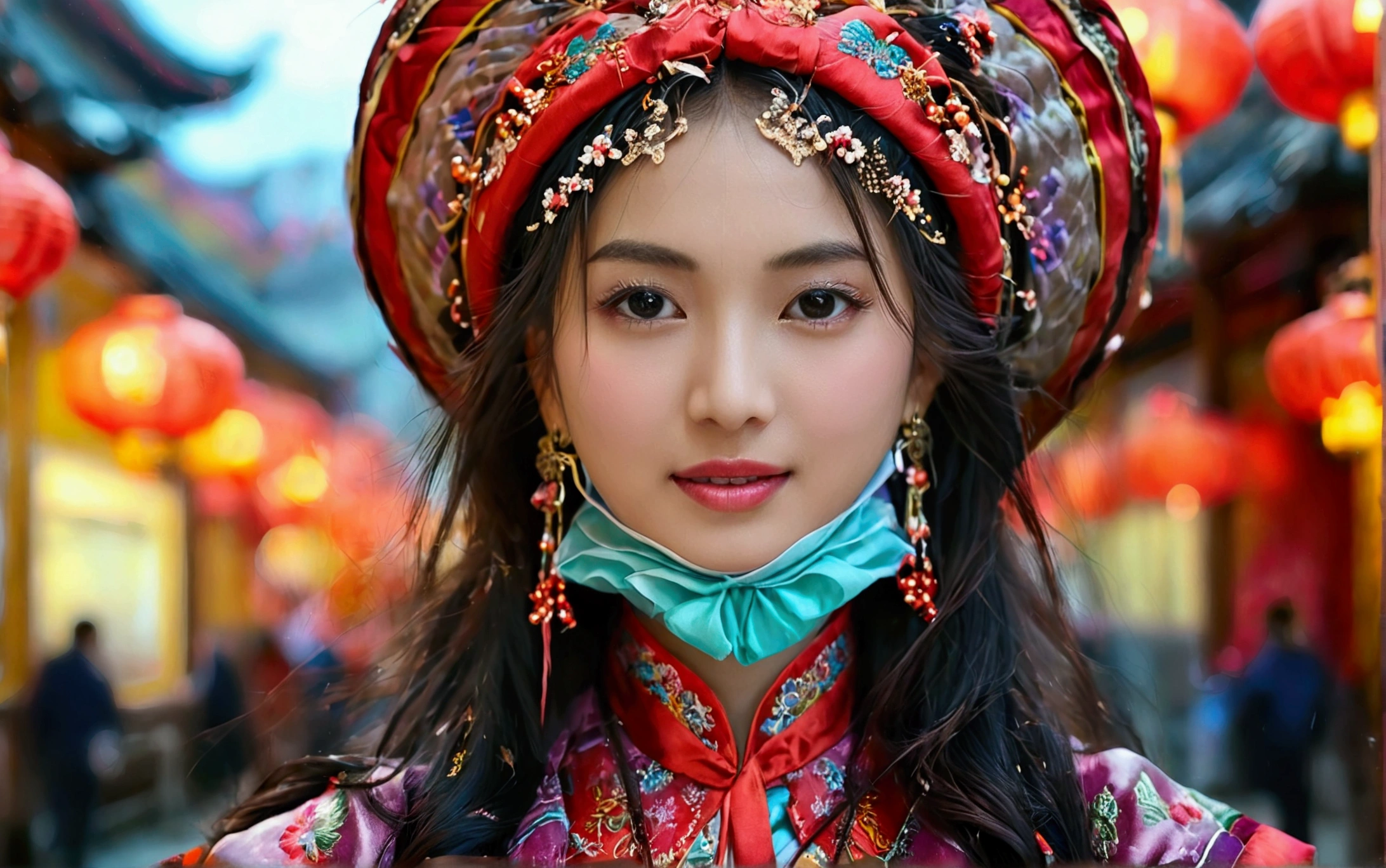 ((original photography:1.2)),Photographed by mobile phone,RAW photos,Night view of Beijing,violent storm,1 Girl, Perfect body,Full body portrait,Fashion的头发, Very long hair, delicate eyes, Side Light, Sweating,With a mask, huge collar,Medium breasts,Fashion的民族服飾,(intricate ethnic costumes、Colorful、embroidery、stripe、pattern、Fashion、Hollow),Long slender legs