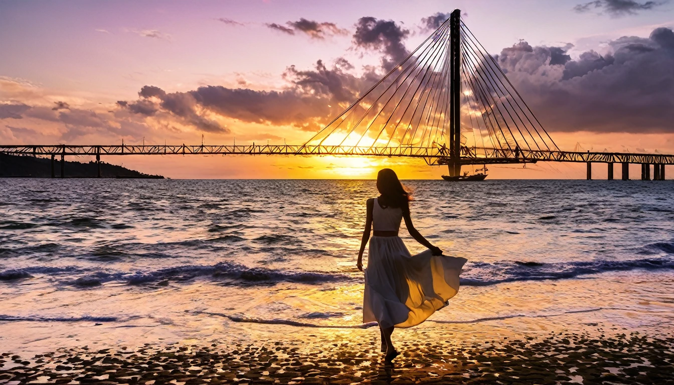 seaside，far away，background，Cable-stayed bridge，Clouds，Sunset，shore，Beach，Water surface gold，A girl in a long skirt，在Beach上跳舞，Silhouette，RAW，uhd，8K，Detailed Details，Best quality，Perfect color matching，Feeling，Soft light，氛围Feeling，Masterpieces shot by international photography masters，National Geographic Photography