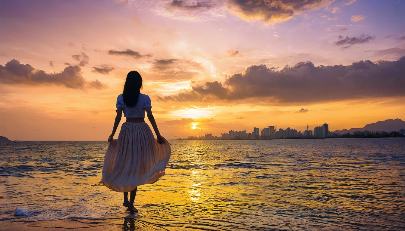 seaside，far away，background，Cable-stayed bridge，Clouds，Sunset，shore，Beach，Water surface gold，A girl in a long skirt，在Beach上跳舞，Silhouette，RAW，uhd，8K，Detailed Details，Best quality，Perfect color matching，Feeling，Soft light，氛围Feeling，Masterpieces shot by international photography masters，National Geographic Photography