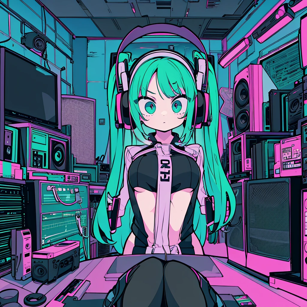 Best quality, (masterpiece), best detail face,1 girl, big breasts, 18 yo, 8k,absurdres,unity 8k wall paper,(extremely detailed:1.3), highest realistic, (retro headphones:), (soft neon light:), (psychedelic), Her room full of music equipment and records, sports wear , See the whole room, She is at the end of the room, dark green color palette