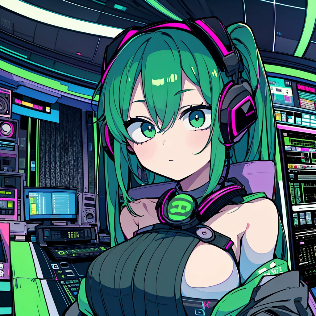 Best quality, (masterpiece), best detail face,1 girl, big breasts, 18 yo, 8k,absurdres,unity 8k wall paper,(extremely detailed:1.3), highest realistic, (retro headphones:), (soft neon light:), (psychedelic), Her room full of music equipment and records, sports wear , See the whole room, She is at the end of the room, dark green color palette
