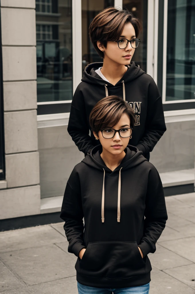 Brown short hair, tomboy,wear glasses,black hoodie.