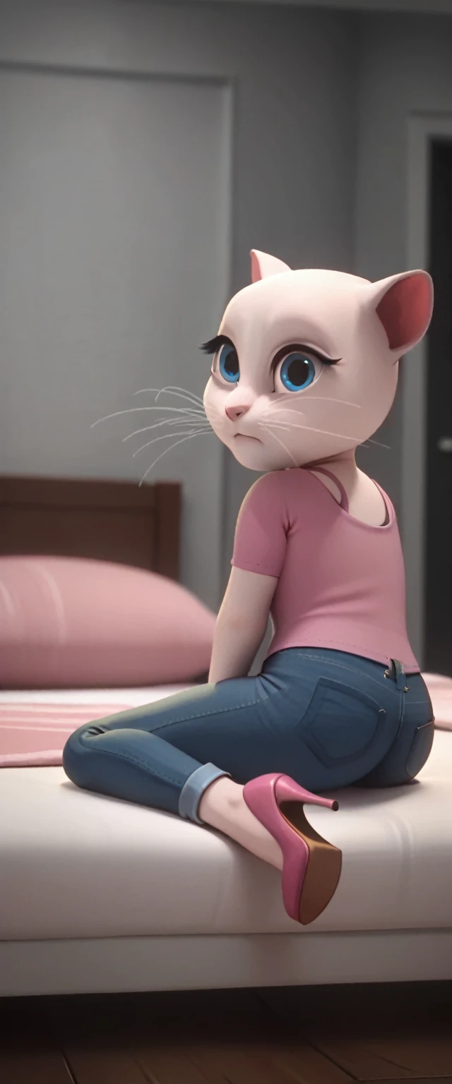 solo focus, a_la, 1girl, cat, white fur, long whiskers on both sides of the face, big bright blue eyes, big black eyelashes, pink nose, triangular ears with pink channels, high heels.jeans. 1 girl and 1 boy human. side view. in bed. The man lies flat on the floor with his legs closed. Woman sits on man, anal scream, lying, at home, looking back, big penis, rape of 1 man, girl. Score_9, Score_8_up, Score_7_