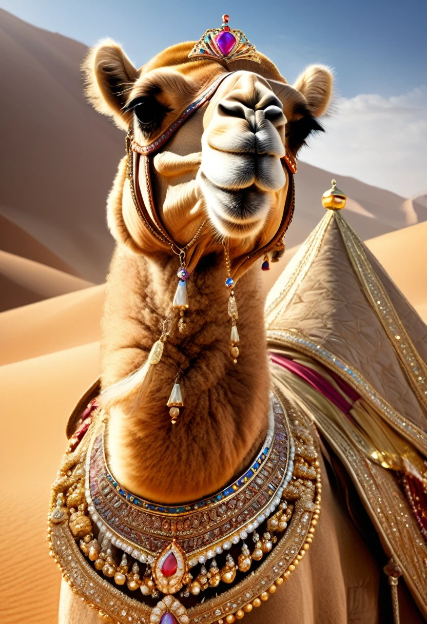 Desert Princess, Masterpiece, high resolution, Realistic, A camel wearing a tiara and royal costume smiles with a smug look on his face, his long eyelashes lowered., Focus on the camel&#39;s face, An Arab royal girl is smiling as she watches it., Surrounded by the royal family&#39;s retainers, Royal palace in the desert