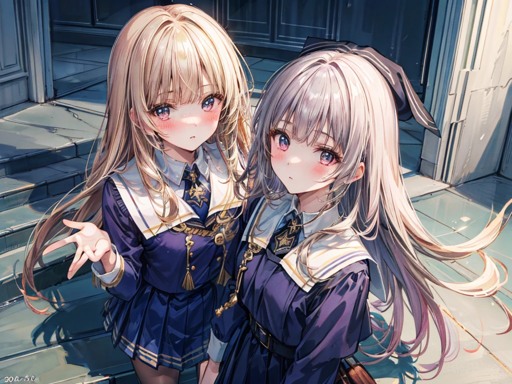 (Highest quality, 8K, 32k, masterpiece, Ultra-high resolution,:1.2),born, Two Girls,Super cute , Natural light,Clear, shining eyes, 20-year-old,Mid-chest ,Fair skin ,Blushed,Dynamic Lighting, At the top of the stairs, ((学born服)), loafers, Browsing Caution, In the middle of the stairs, Shiny,