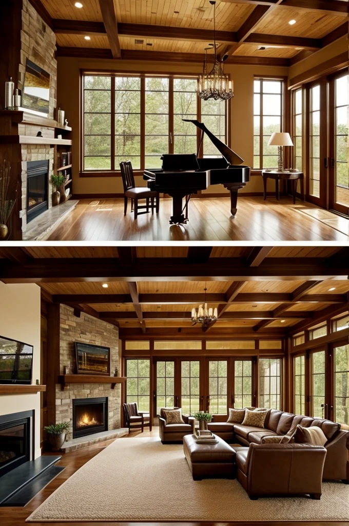 Create a large room with a fireplace, piano carpeted furniture, tables with cups of coffee and chocolate that have large windows, It looks like it&#39;s snowing outside and there&#39;s a dog asleep on the floor., books in the table,  lamps with dim light and animation of the snow and the fire in the fireplace, coffee and chocolate have smoke or steam