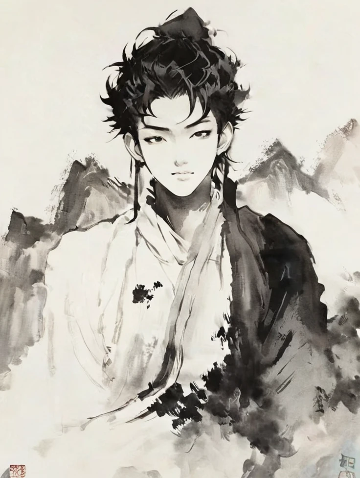 Movie light, fashion, top light, close-up, close-up, spotlight, hazy, Chen family cold, ink portrait, Kuroo frome Haikyuu, gorgeous clothing,Line Art,Chinese ink ,Chinese ink