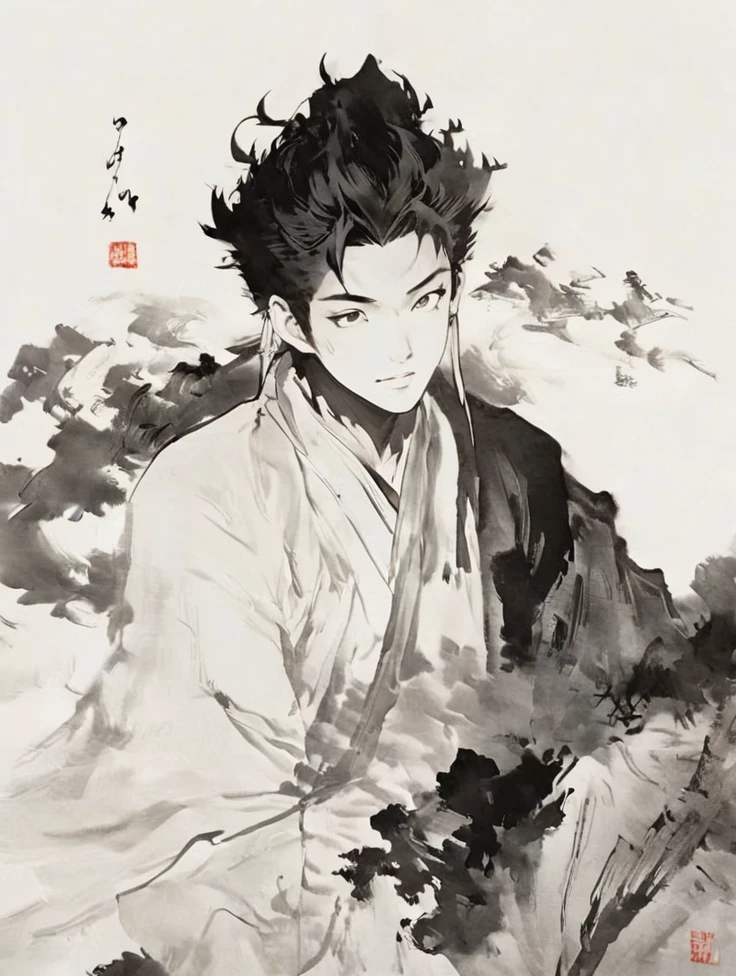 Movie light, fashion, top light, close-up, close-up, spotlight, hazy, Chen family cold, ink portrait, Kuroo frome Haikyuu, gorgeous clothing,Line Art,Chinese ink ,Chinese ink