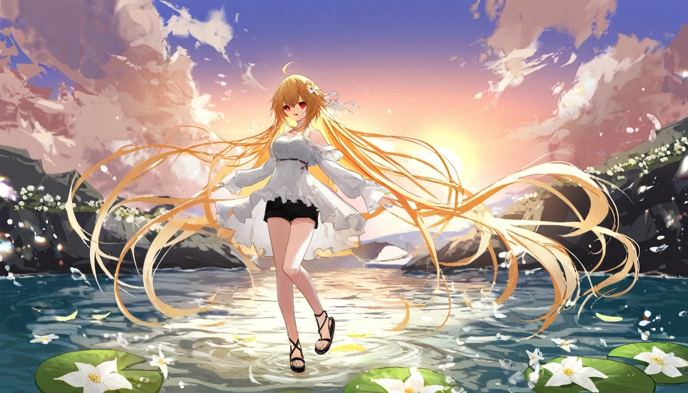score_9, score_8_up, score_7_up, 1girl, (by azumi kazuki:1.1), by ciloranko:1.1, (by omone_hokoma_agm:1.1), ((absurdres, official art, masterpiece)), best aesthetic, best quality, ultra detailed, intricate details, new, newest, glossy hair, moist skin, 18 years old, adult woman, medium breasts, blurry background, depth perception, solo, subject focus:1.1, depth perception, empty eyes, red eyes, solo, outdoors, long hair, shorts, water, ahoge, looking at viewer, long sleeves, sunset, standing, bare shoulders, hair ornament, black shorts, sandals, smile, wading, open mouth, sky, standing on one leg, shirt, flower, sun, hair between eyes, short shorts, blonde hair, very long hair, :d, dress, white flower, outstretched arm, cloud, off shoulder, black footwear
