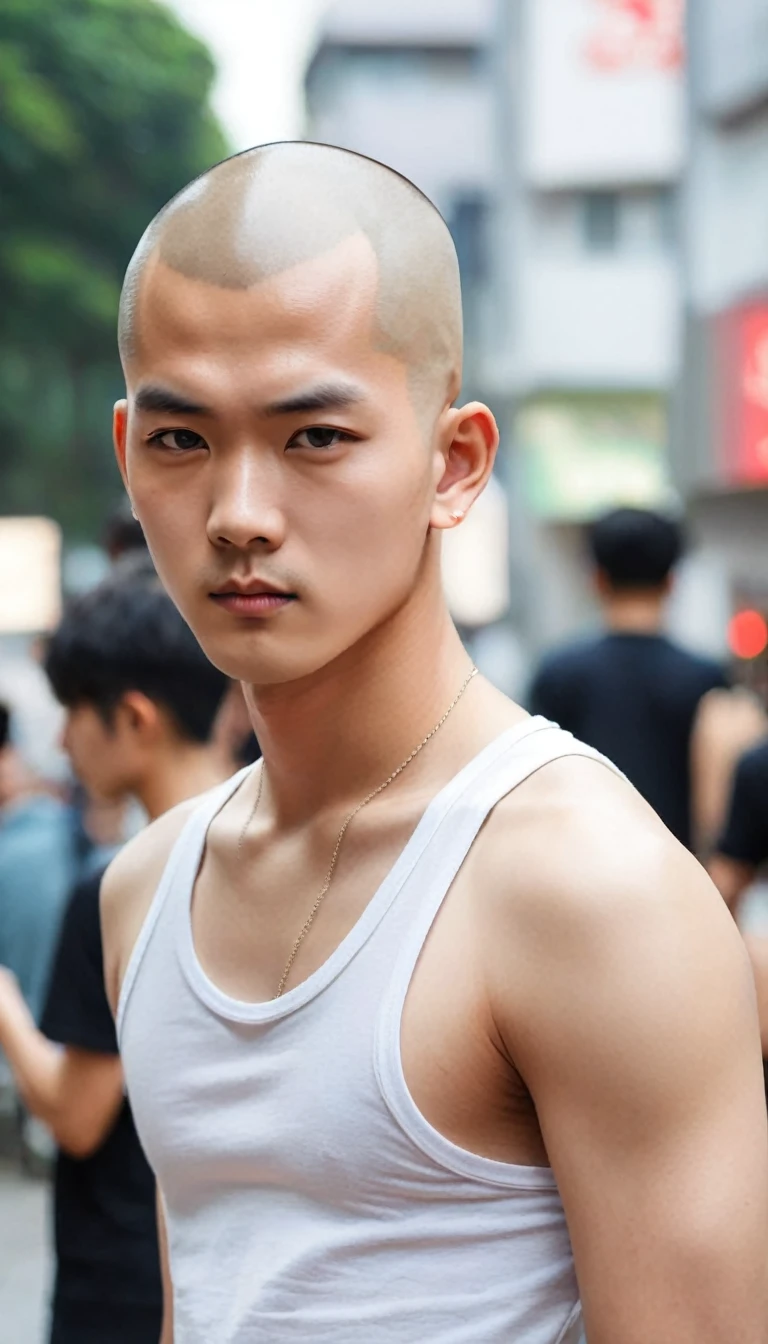 Asian man who looks like comdothyuga、Hairstyle is skinhead。Beautiful as a boy。