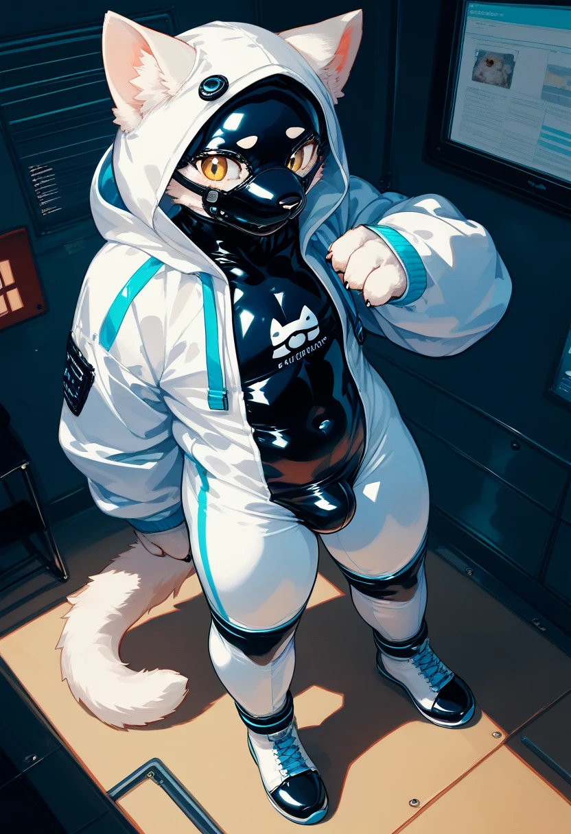 Highest quality, Highest quality, High quality illustrations, masterpiece, Ultra-high resolution, Detailed Background, Games Room, Absurd, Perfect Anatomy, performance, Good lighting, Shadows in the movies(kemono, Furry PersonifiCation), Cat, Dark Skin, Rubber suit, Rubber suit, latex, neon, neonライト, neonカラー, Rubber spats, White rubber hoodie, Rubber mask, ribbon, Embarrassing, Null bulge, male, juvenile, From above
