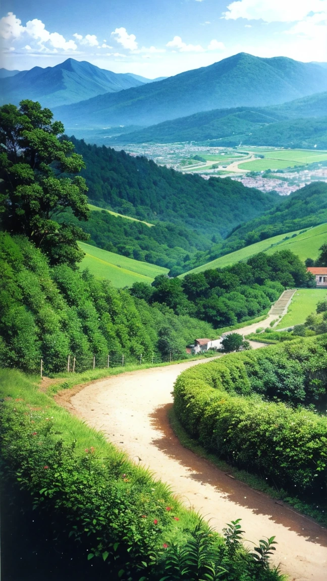 anime-style illustration, A serene landscape featuring a young woman standing on a path, overlooking terraced mountainous valley. The scene is depicted in a highly saturated and vibrant style, intense and rich colors vivid. The lush greenery, cascading hills, and scattered traditional houses are rendered with strong, exaggerated colors that enhance the natural beauty. The sky above is bright blue with scattered clouds and distant mountain peaks, creating a sense of peace and tranquility.