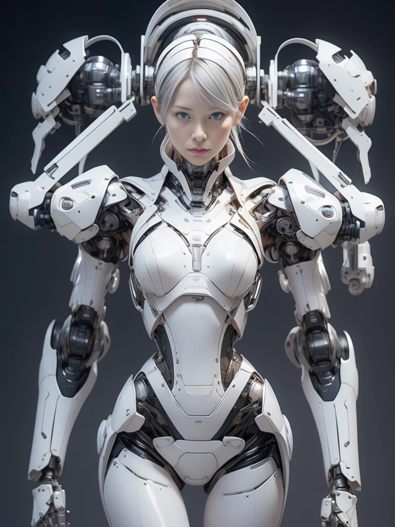 {{best quality, 1080P, Masterpiece, Ultra high resolution, photorealistic, ultra realism, Realistic skin texture, Extreme skin detail, dslr, Detailed eyes, blue eyes, Facing the camera, A very beautiful young face, Concise facial structure, Pale skin, Realistic skin texture, Extreme skin detail, oc render reflection textures, Realistic light and shadow, Single picture, alone, gray hair, The body is slim and balanced., Age 20, Height 170, naked girl, Nude, sexy pose, no underwear, A girl with the body of a mechanical robot., Transparent futuristic black glass mech armor suit, The mechanical cervix is attached to the neck., flat stomach, Girl with perfect robot arms and legs, Can see all the way to the feet, full body view, Whole body photo.}}