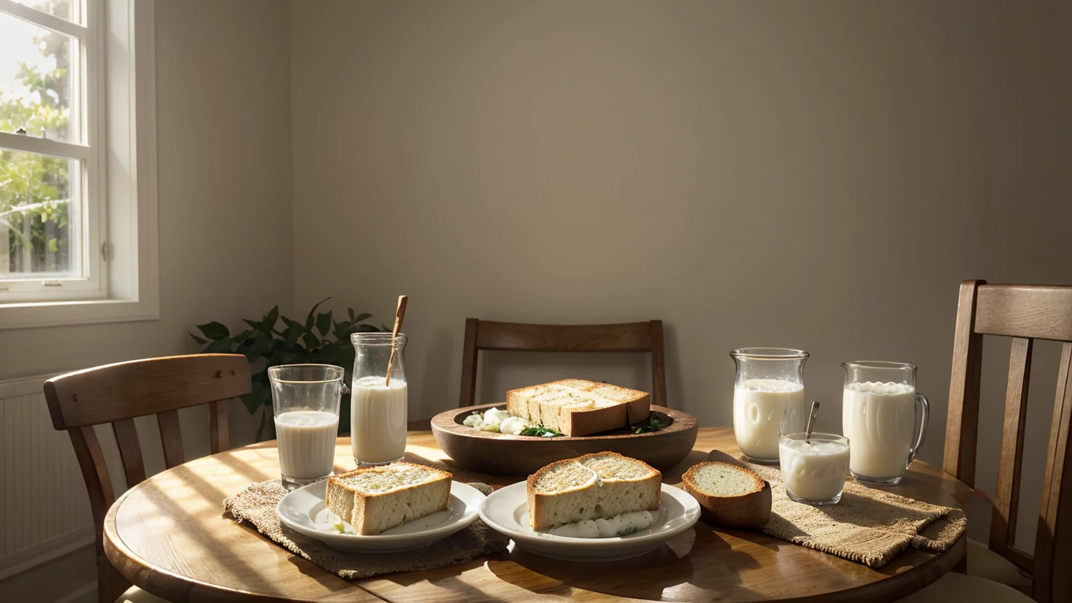 A cozy breakfast table featuring iodine-rich foods: a shaker of iodized salt, a plate of seafood, a glass of milk, a selection of dairy products, and slices of bread. The scene should evoke a warm, inviting morning atmosphere with soft lighting.