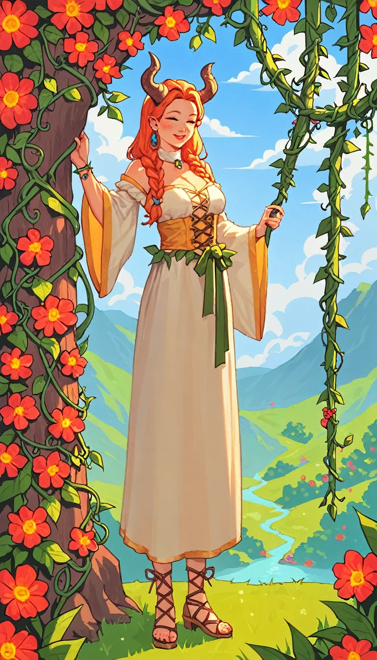 score_9, score_8_up, score_7_up, score_6_up, score_5_up, score_4_up, BREAK source_anime, yellow medieval summer girl, concept, vines on the hand and horns from vines, full body 