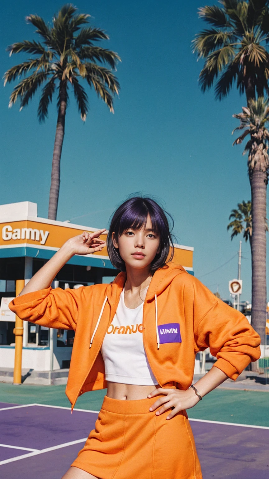 long shot portrait of cute 23 yo girl ,wear ((orange color oversized hoodie)), wear ((purple tennis skirt)),looking viewer,Best Quality,Masterpiece,Ultra High Resolution,(Realisticity:1.4),Original Photo, 1Girl, light leak,ultra high resolution,UHD,beautiful, (black bob hair), almond eye, no makeup, in front of ((80's gas station)), (realistic:1.2), (very detailed:1.1), ((masterpiece)),summer, blue sky, palm trees,sunny, los angles vibes,film camera, 800mm lens,style of Philip Lorca diCorcia