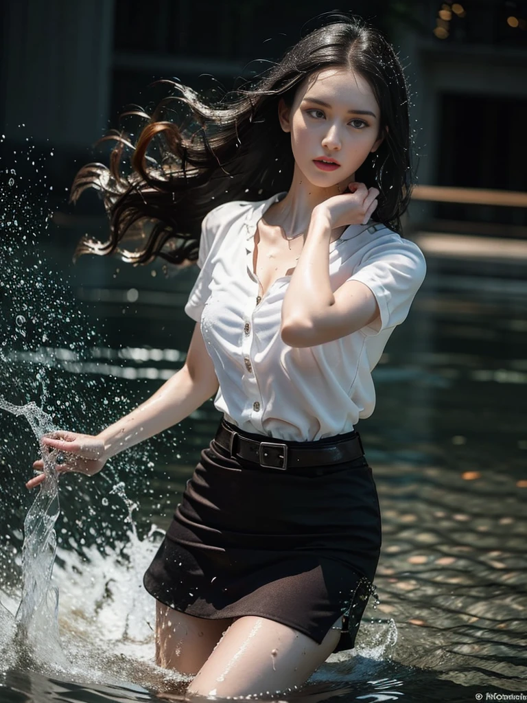 (RAW shooting, Photoreal:1.5, 8K, highest quality, masterpiece, ultra high resolution), perfect dynamic composition:1.2, Night street corner of a modern city, expression of sadness:0.5, Highly detailed skin and facial textures:1.2, Fair skin:1.2, perfect style:1.2, beautiful and aesthetic:1.1, very beautiful face:1.2, water droplets on the skin and face:1.3, (water drips all over my body:1.2, wet body:1.2, wet straight long hair:1.2, Wet black tight mini skirt:1.2, wet white plain short-sleeve shirt:1.3), brown suede belt:1.2, black bra under white shirt:1.4, white sneakers, (cry, lovelorn, The expression on your face when you feel intense caress, Facial expression when feeling pleasure), (beautiful blue eyes, Eyes that feel beautiful eros:0.8), (Too erotic:0.9, Bewitching:0.9), upper body, close up, water, metal shirt buttons:1.2, metal solid plate belt buckle:1.3, thai university uniform, at night:1.3, xuer martial arts, splashing:1.5, dynamic pose, long exposure, motion blur, slim and perfect figure, perfect body proportions, water goddess, water magic power, martial arts:1.2, (Ripple waves:1.2), (Splendid water formation:1.1), (Emerges from a whirlpool of water:1.2), (Resonate with nature:1.2),(commanding the elements:1.2),(translucent veils:1.1),(Wisdom and strength:1.2),(swirls of magic:1.2)
