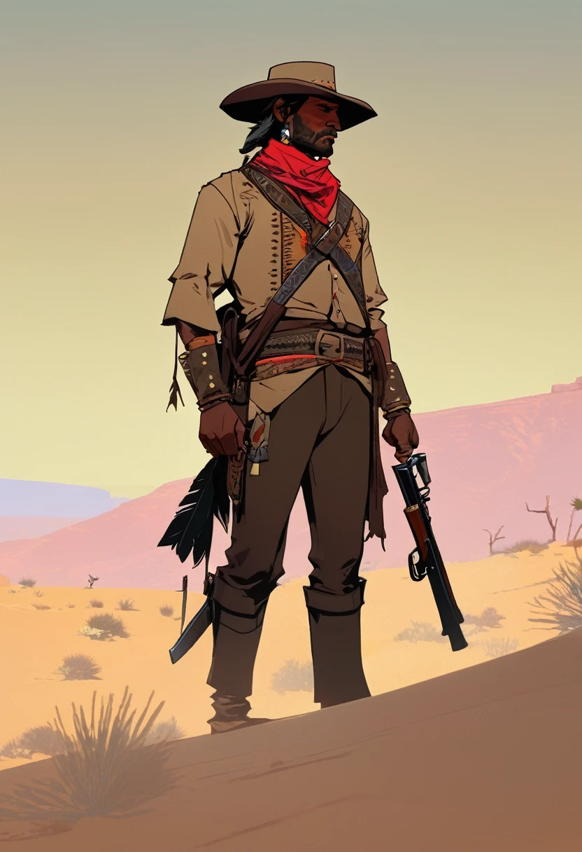 score_9, score_8_up, score_7_up, score_6_up, score_5_up, score_4_up, 1man, Western, far away, Wild West, red dead Redemption, cartoon art style, Hunting, desert, Nightfall, Indigenous, Solo, Bow, Hunter, Thong, Indian Makeup, Wild, Eagle, No clothes