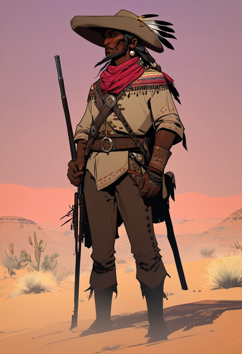 score_9, score_8_up, score_7_up, score_6_up, score_5_up, score_4_up, 1man, Western, far away, Wild West, red dead Redemption, cartoon art style, Hunting, desert, Nightfall, Indigenous, Solo, Bow, Hunter, Thong, Indian Makeup, Wild, Eagle, No clothes