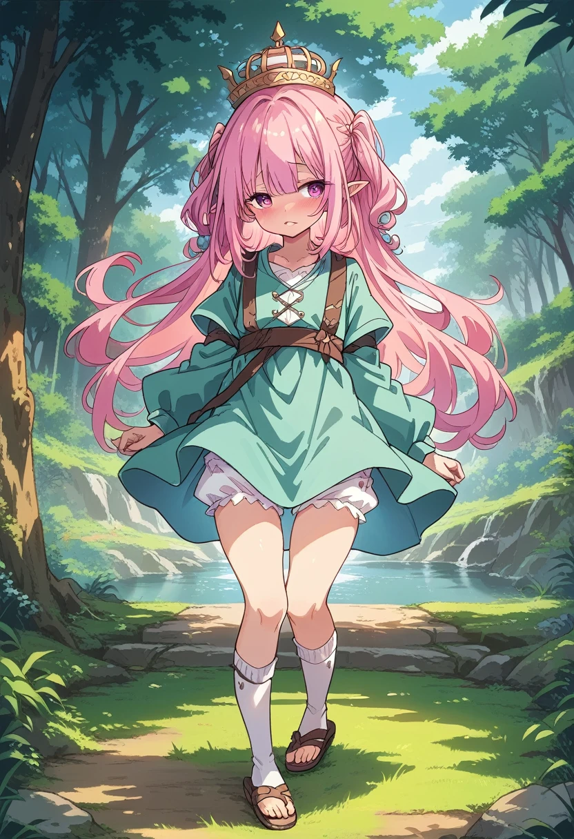 BREAK Perfect ???????、(High resolution:1.2)、Incredible illustrations、(Cute illustrations:1.2)、
(Beautiful background(deep in the forest))
1 girl((multicolored pink hair hair,(bangs over eyes), embarrassed)1girl((a girl,elf 1.5meters, 25kg,18 years old female,
((long tunic,poncho,skirt,bloomers,thigh-high socks, sandals),tilting head