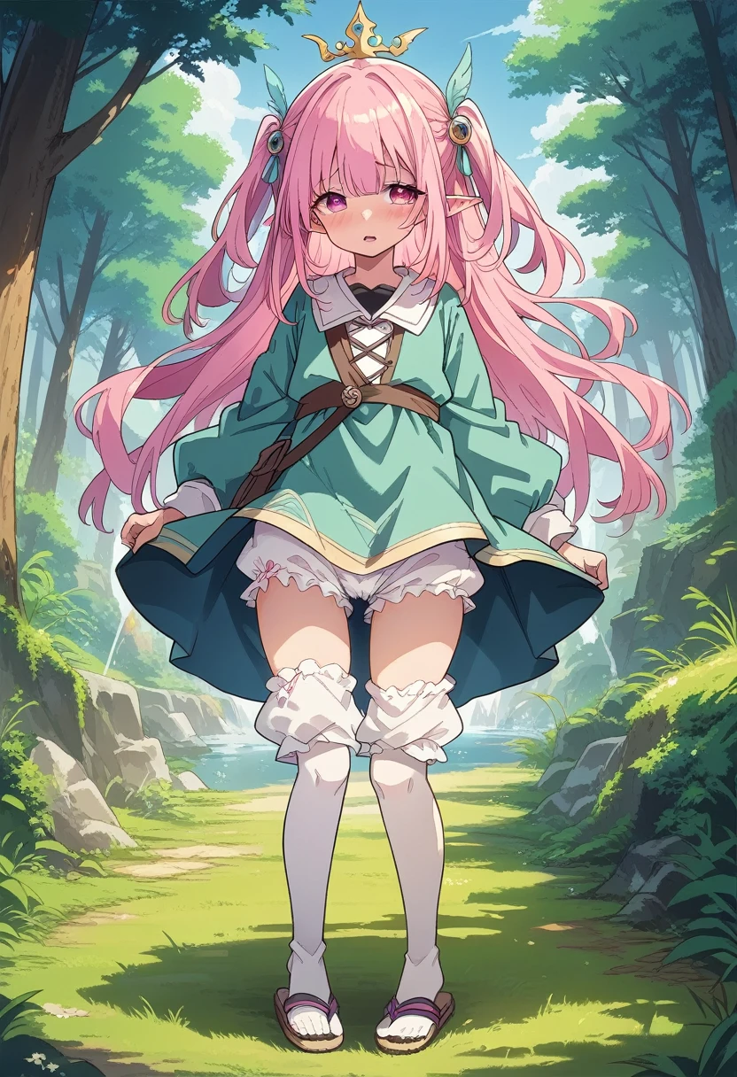BREAK Perfect Anatomy、(High resolution:1.2)、Incredible illustrations、(Cute illustrations:1.2)、
(Beautiful background(deep in the forest))
1 girl((multicolored pink hair hair,(bangs over eyes), embarrassed)1girl((a girl,elf 1.5meters, 25kg,18 years old female,
((long tunic,poncho,skirt,bloomers,thigh-high socks, sandals),tilting head