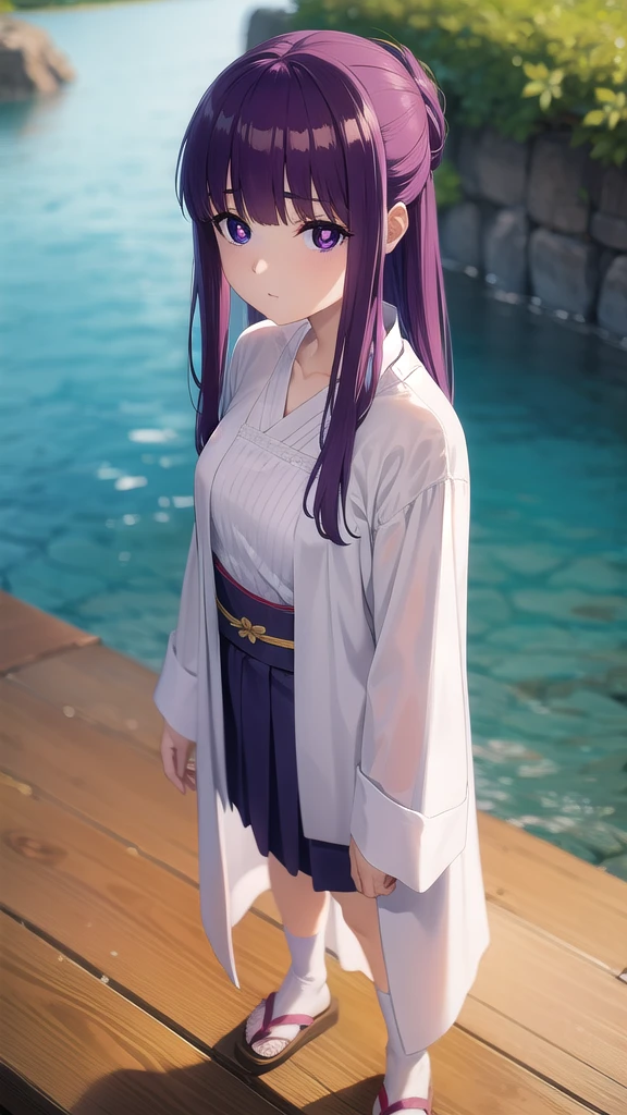 BREAK looking at viewer, BREAK (masterpiece:1.2), best quality, high resolution, unity 8k wallpaper, (illustration:0.8), (beautiful detailed eyes:1.6), extremely detailed face, perfect lighting, extremely detailed CG, (perfect hands, perfect anatomy)fern, long hair, bangs, (purple eyes:1.1), purple hair, sidelocks, blunt bangs, (bright pupils:1.5),onsen,hot springs, night, half updo,
long sleeves,Japanese clothes,yukata, sash, cleavege,neckline,nipples,full body,stockings,from above,bend over,standing in middle.