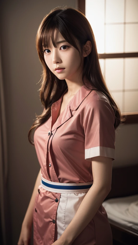 A beautiful young Japanese woman, around 20 years old, wearing a Nurses' Uniforms, ultra-detailed, 8K resolution, highly realistic, cinematic lighting, best quality, masterpiece, photorealistic, physically-based rendering, extremely detailed, vivid colors, professional, sharp focus, studio lighting