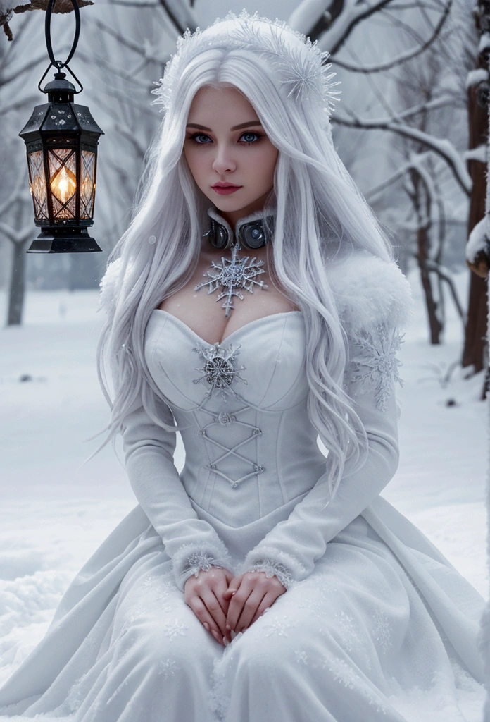 arafied woman in white dress sitting on snow with lantern, inspired by Anne Stokes, in the snow, girl under lantern, in style of anne stokes, very long snow colored hair, portrait of a steampunk ice lady, only snow i the background, pale snow white skin, in snow, ice queen, goddess of winter, white witch, full body:: snow outside::