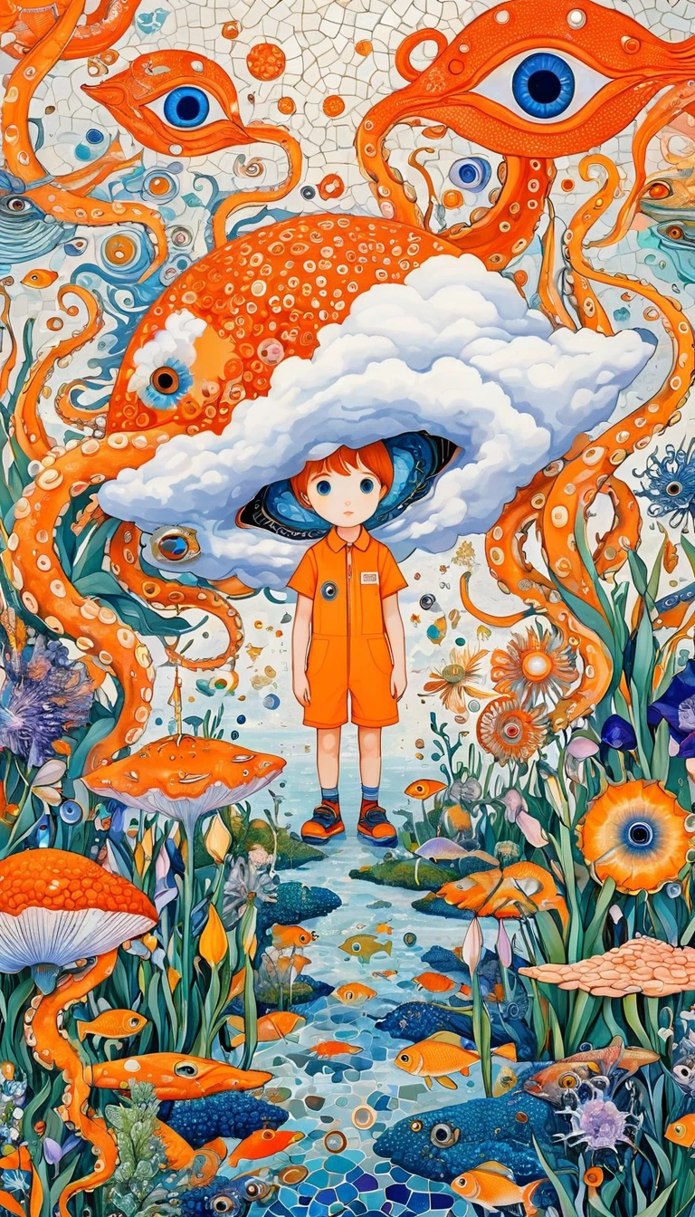 A cloud，、iris、fish、Tentacles、bird、Eye、diatom，Abstract mosaic painting，Describing the inner world of autistic people，Sense of space，White Space，interesting，Innocence，Psychedelic Art，Orange overall