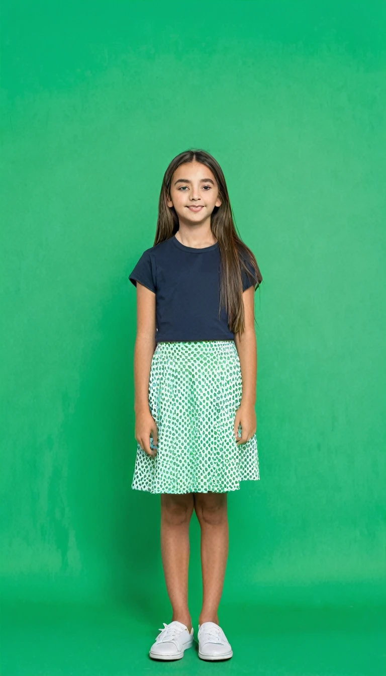 Panoramic photo of girl standing in front of a green background