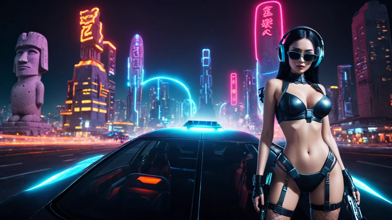 At night, dark sky, distant shot aerial view of fantasy cyberpunk style ice ((Moai-statue)) city, ((flying car)). ((1girl, solo, alone)), medium-breast:1.1 slim body, cleavage, sexy clothes, (headphone, black sunglasses, long black realistic hair), (((hip-up standing and holding pistol))), half-body thigh level medium shot, cinematic lighting.