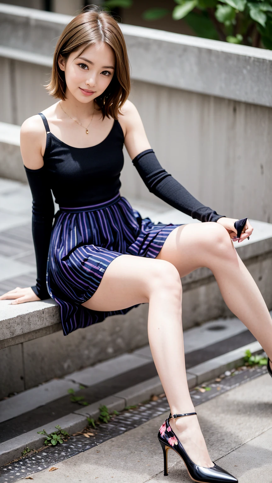 ((masterpiece)),(((Highest quality))),Thin thighs,Long legs,whole body:1.5,(One Girl:1.3),(Black high heels:1.3),(Wearing a floral striped mid-long flared skirt dress:1.2),Lift up the hem of your skirt with both hands:1.5,Curly blonde hair:1.2、Model pose with legs spread wide:1.5,Bright expression:1.5,Thighs exposed:1.5,