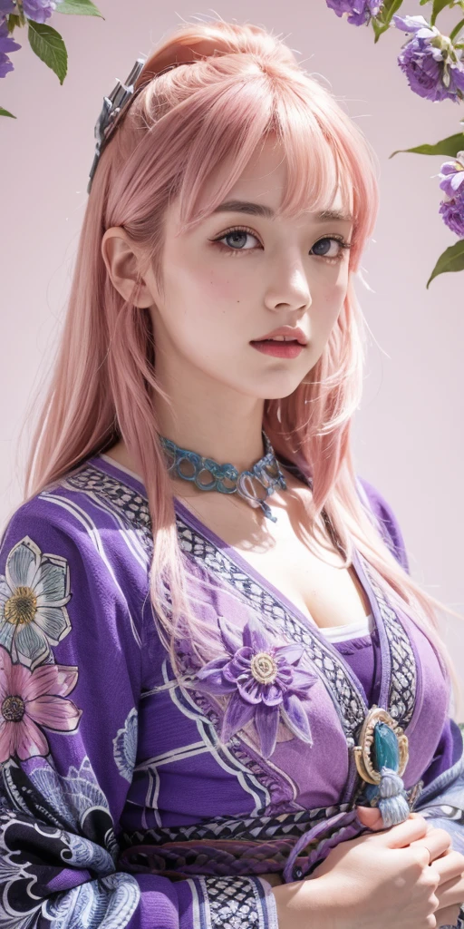 (ultra-detailed background, detailed background), absurdres, highres, ultra detailed, extremly detailed, 1girl, kokomi, genshin impact, pink hair, purple eyes, (bunch of flowers:1.3), (zentangle:1.2), (geometric:1.2),(colorful),