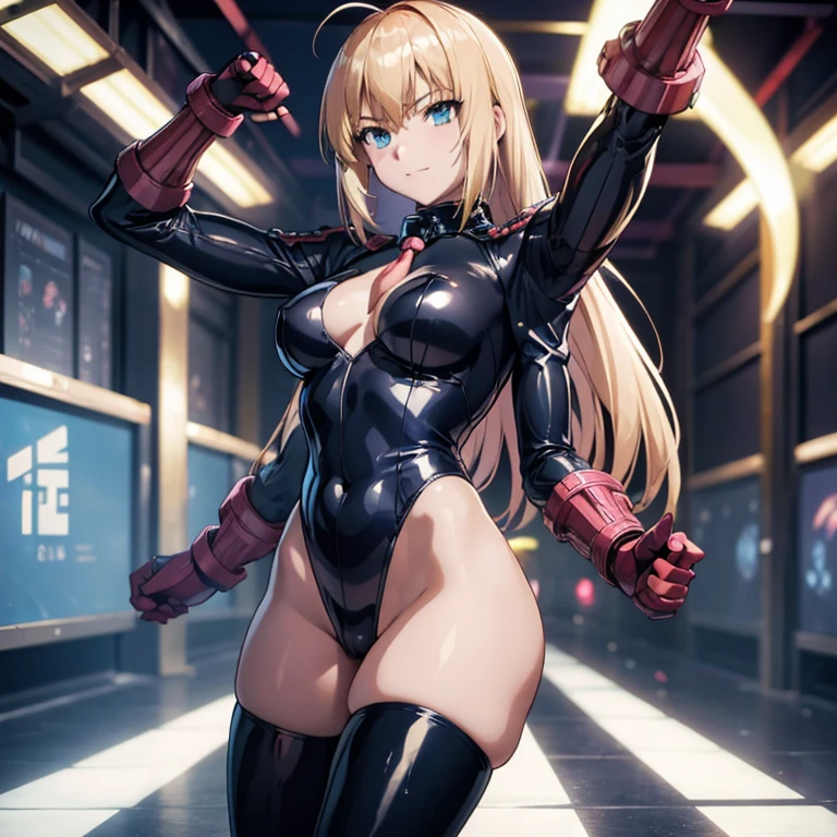 Very detailedな, Explicit, Beautiful body, Beautiful Nose, Beautiful character design, Perfect Eyes, Perfect Face, Ultra-high resolution, 4K, Beautiful legs, Perfect Legs, Nice hands, Perfect hands, masterpiece, Highest quality, Very detailed, shape, Confused, Street Fighter, Doll Suit, シャドルー人shape, Doll Suit, Expressionless, Hollow Eyes, Looking at the audience, Red gloves, emotionless, black latex, corruption, Mind control, Female Fighter, whole body, Hypnosisにかかった, Unfortunate trance, whole body suit, ribbed bodysuit, Place your arms at your sides, Follow, Perfect female body, extremely glossy latex, Hypnosis, Hypno Lola, Hollow Eyes, Mind control装置, stop temporarilys, Obedient_stop temporarily, slave, have, tie, Are standing, Are standing up straight, 注意してAre standing, have, yellow tie, belt, latex, ribbed bodysuit, Knee socks, garter belt, Preparing for battle, Extend your right arm from your shoulder、Stretch your hands in the air., military, Thigh-high boots, alone, Classroom of the Elite, ichinose honami, Pink blonde hair, blue eyes, Long Hair, Big Breasts, Wicked Smile, With an Wicked Smile, Cyberpunk night background、