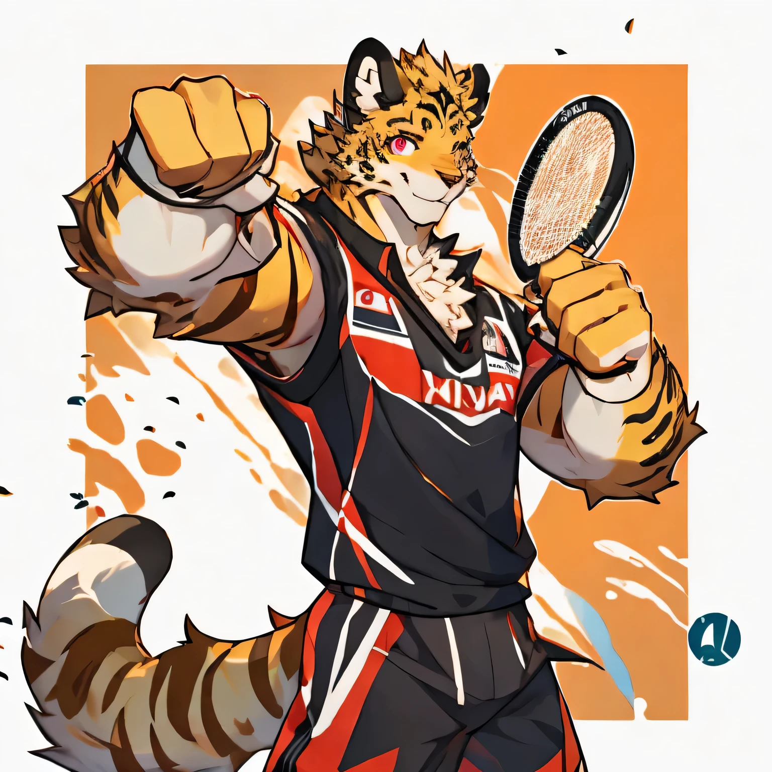 juvenile，Golden fur，Blonde hair，Leopard，Red eyes，Proud，Blushing，Wearing a badminton uniform，Holding a badminton racket，Look at the screen，The background is a badminton court。（Details，Eyes Details）