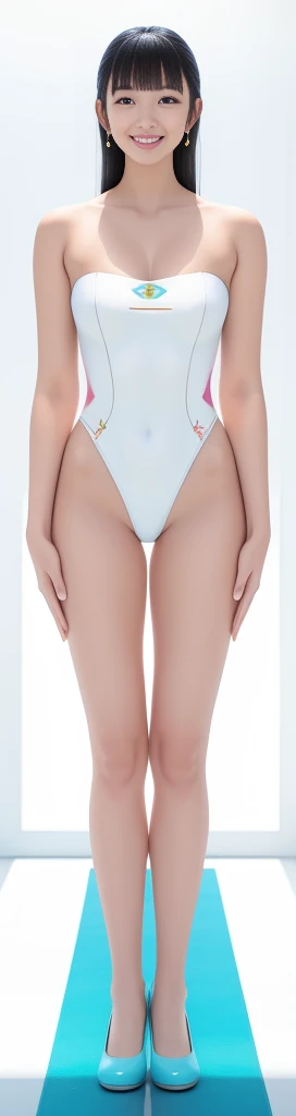 On a white background,A tall and beautiful Chinese girl,with fair skin,Toothy smile,A big smile,When you laugh, Your eyes are crescent-shaped,blunt bangs, long straight hair,Wear a one-piece swimsuit and pumps,Swimsuits are decorated with joyful patterns, Stand up straight,Stand upright,hands on sides,Symmetrical distribution,Ray tracing,All shaded areas,No windows, Soft lighting, Warm light, flood light, n, Studio light, 1.4x Realistic Ultra HD