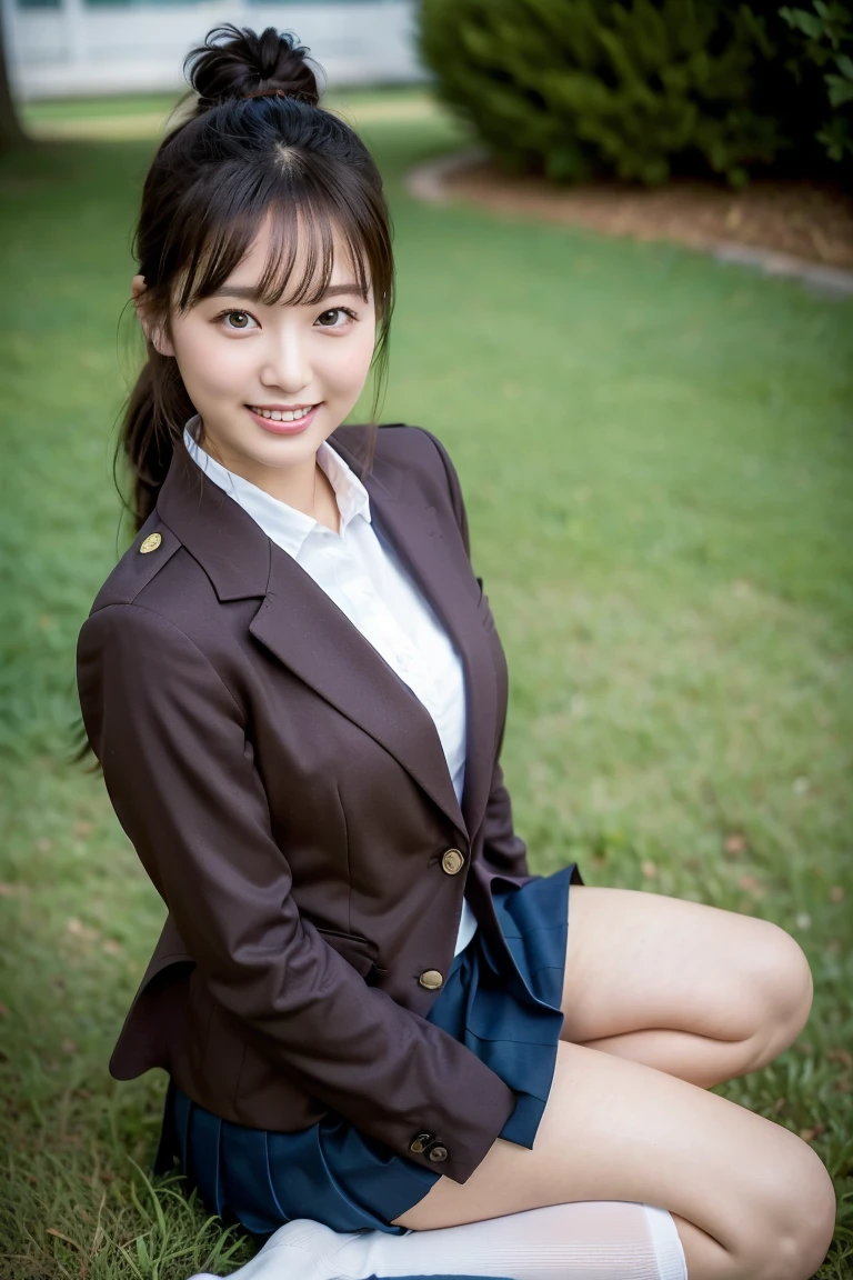 High detail、high quality、8K Photo、Anatomically perfect body、Japanese 、Beautiful girl、smile、In uniform、(Brown blazer、Blue Check Pleated Skirt、Navy blue knee socks、Brown Loafers、ponytail、double eyelid、White panties)、(Sit on the grass、Sit with your knees raised and your butt on the ground..5)、((Crotch details、Thighs、Between the legs、The hem of the skirt rises、Front Angle 1.5、Face to face with the photographer、Angle from the ground 1.5))