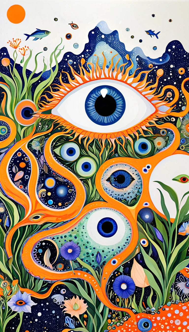Psychedelic Art:Eye、Iris tectorum Maxim、fish、Tentacles、bird、Eye、diatom，Abstract mosaic painting，Describing the inner world of autistic people，Sense of space，White Space，interesting，Innocence，Psychedelic Art，Orange overall