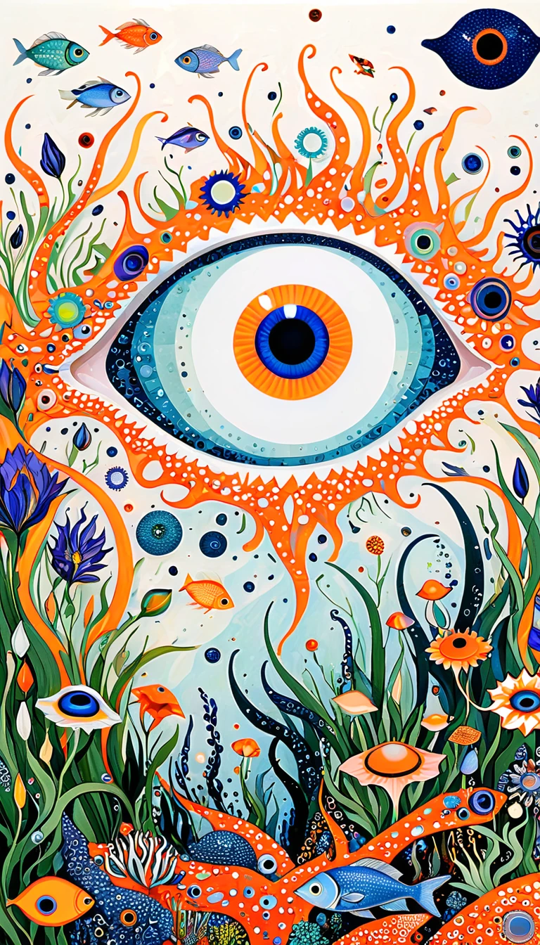 Psychedelic Art:Eye、Iris tectorum Maxim、fish、Tentacles、bird、Eye、diatom，Abstract mosaic painting，Describing the inner world of autistic people，Sense of space，White Space，interesting，Innocence，Psychedelic Art，Orange overall