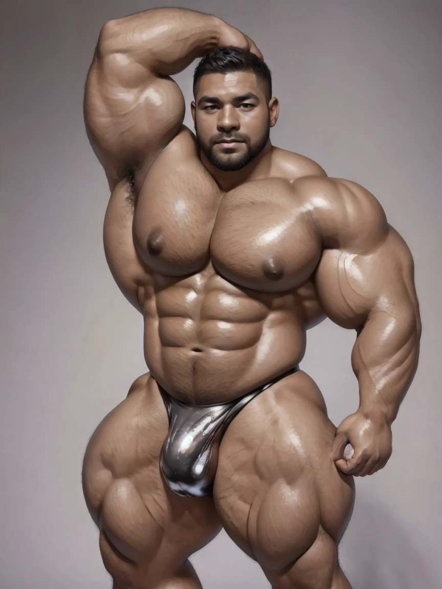There is only one handsome Asian actor in the photo,35 years old,High target, Fitness,Smooth body,Smooth skin,No chest hair,short hair, O-Shaped Beard,Perfect body, Dark skin color,Radiant Skin,Smooth skin,Shiny, shiny skin,Smooth pectoral muscles,Muscle bulge, muscular, Very large pectoral muscles,Very sexy abdominal muscles,Very well-developed leg muscles,Huge concave and convex area,Brightens oily skin,Wear black leather tongs,Handsome face,Normal human toes,Correct and accurate male body proportions,,Standing in front of gray background