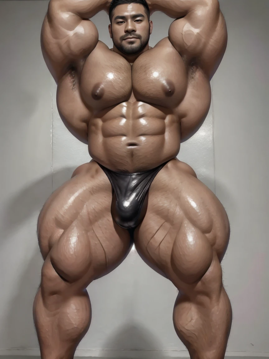 There is only one handsome Asian actor in the photo,35 years old,High target, Fitness,Smooth body,Smooth skin,No chest hair,short hair, O-Shaped Beard,Perfect body, Dark skin color,Radiant Skin,Smooth skin,Shiny, shiny skin,Smooth pectoral muscles,Muscle bulge, muscular, Very large pectoral muscles,Very sexy abdominal muscles,Very well-developed leg muscles,Huge concave and convex area,Brightens oily skin,Wear black leather tongs,Handsome face,Normal human toes,Correct and accurate male body proportions,,Standing in front of gray background
