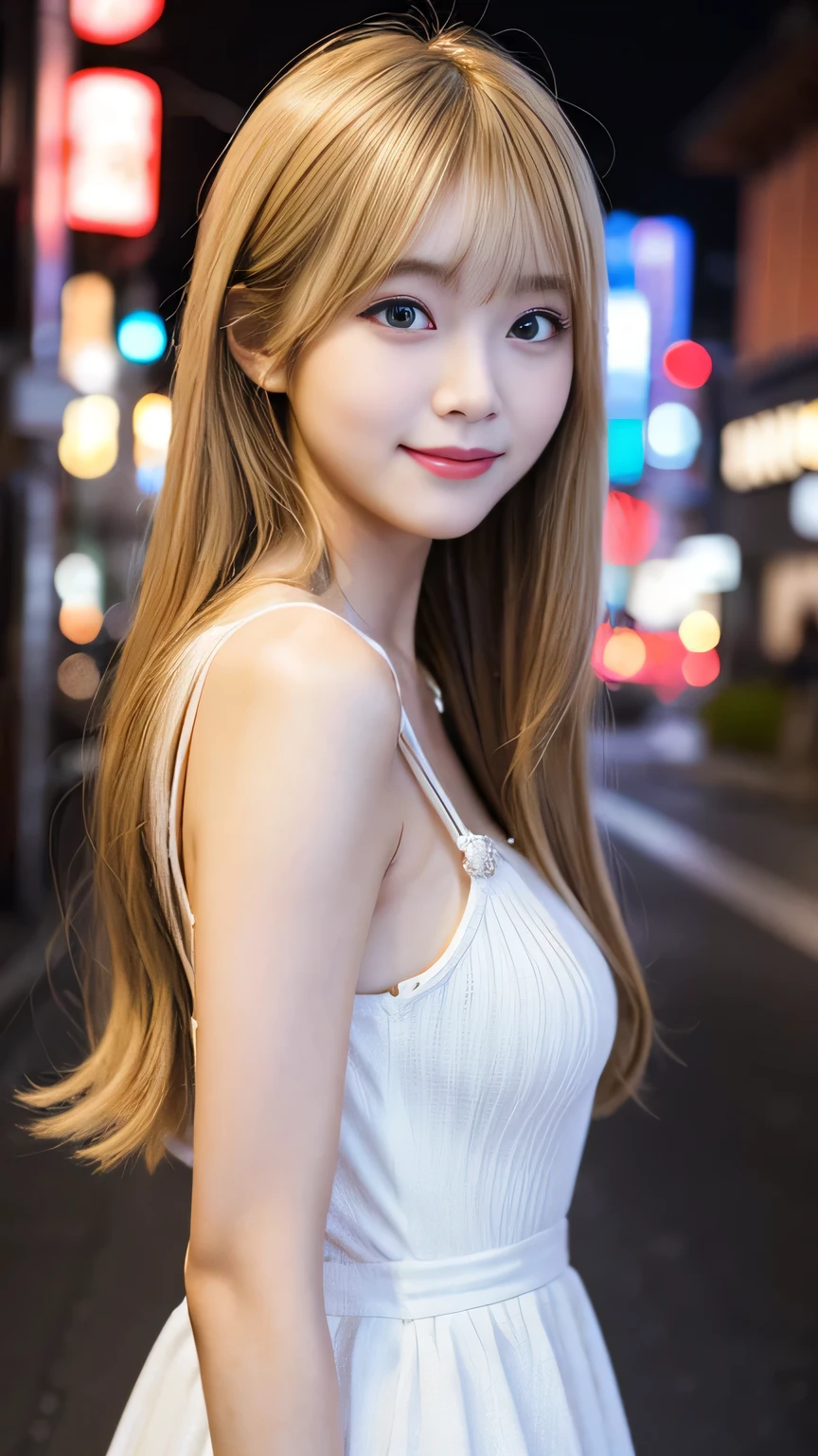 masterpiece、1 beautiful girl、Fine grain、Puffy eyes、Highest quality, 超High resolution, (reality: 1.4), Cinema Lighting、Japanese、Asian Beauty、Super Beauty、Beautiful Skin、thin、Body facing forward、(Surreal)、(High resolution)、(8K)、(Very detailed)、てFine grain)、(Super detailed)、 (wallpaper)、Detailed face、Bright lighting、Professional Lighting、View your audience、Look straight ahead、The costume is a knit dress、Long Hair, Blonde,My hair is messy, Asymmetrical bangs, 、Night view、Japan is an idol、Korean Idol、Burning idol pose、、19 years old、blonde: 3.5、smile、