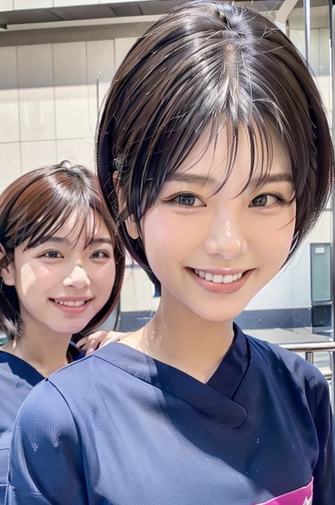 Dental hygienist, 2 women　横並び smile 白色の医療スクラブ着用 日本人 黒髪 20代前半女性　Upper body close-up　high resolution　high resolution　Highest quality　smile　Shooting outside　Harmony々